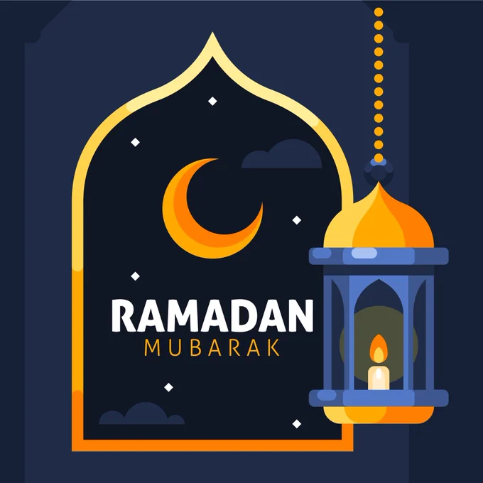 Picture of an open window with a crescent moon, and a lantern, with the words Ramadan Mubarak in the centre