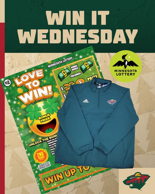 Win it Wednesday graphic, with green Wild quarter zip sweatshirt and lottery tickets 