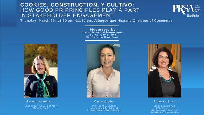 Graphic: Blue background with three pictures of panelists: The first is a blonde woman with shoulder length hair wearing a navy blue sweater and a navy and green Girl Scout scarf around her neck. The second is a woman with dark hair pulled back in a light pink button up shirt. The third has a dark bob and is wearing a black blazer and gray top.