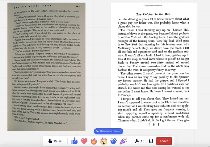 Photograph of a page of The Da Vinci Code next to a page of The Catcher in the Rye