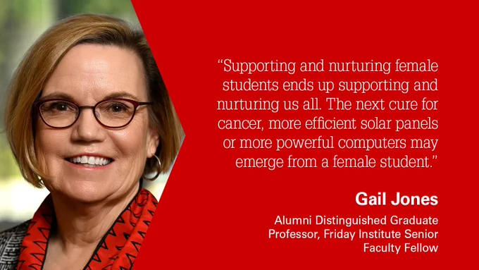 Quote and image of Gail Jones, Alumni Distinguished Graduate Professor and Friday Institute Senior Faculty Fellow says, “Supporting and nurturing female students ends up supporting and nurturing us all. The next cure for cancer, more efficient solar panels or more powerful computers may emerge from a female student.”