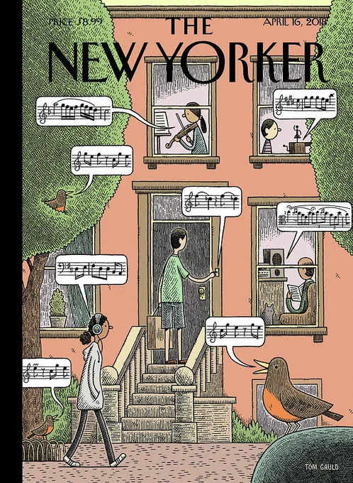 A New Yorker cover featuring a city stoop, in which speech bubbles full of musical notes emanate from people, birds, a speaker, a violin, a doorbell, and more.