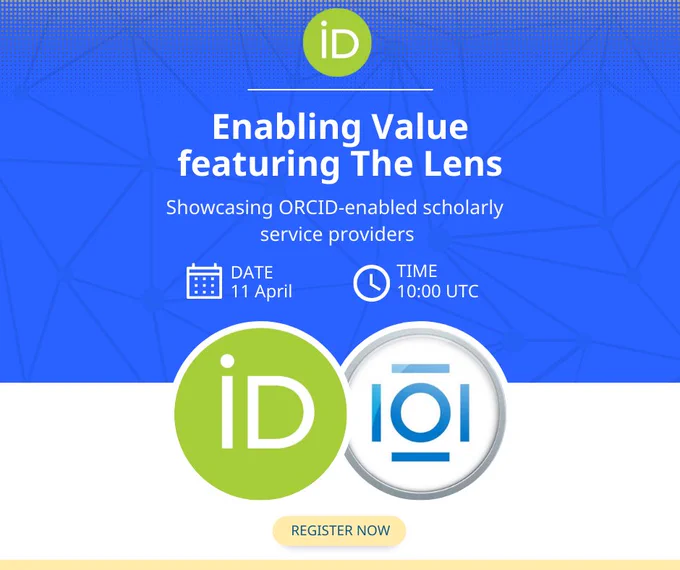 Enabling Value featuring The Lens
Showcasing ORCID-enabled scholarly service providers
11 April
10:00 UTC