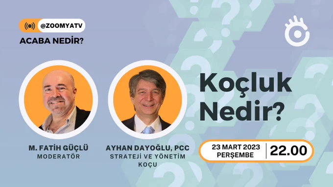 Son yılların gelişen mesleği koçluk hakkında ne biliyoruz? Hangi açılardan mentorluk ve psikolojik terapiden farklıdır? Koçluk neyi amaçlar? Kişisel gelişime nasıl destek olur? Koç olmak isteyenlerde ne gibi özellikler bulunmalı, hangi koşullar karşılanmalıdır?
Koçluğu konuşuyoruz. Daha birçok konuda bilgilenmek, merakınızı gidermek için haydi çayınızı kahvenizi hazırlayın gelin bize katılın.

PROGRAM MODERATÖRÜ
M. Fatih Güçlü

PROGRAM KONUĞU
Ayhan Dayoğlu, PCC – Strateji ve Yönetim Koçu

#acabanedir? #acabanedir #meraketmek #bilgilenmek #öğrenmek #koç #koçluk #kişiselgelişim #bireyelgelişim #yönetimkoçu #flowcoachinginstitute #flowcoaching #icf #icfturkey #icftürkiye #koçlukeğitimi
@m.f.guclu @ayhan.dayoglu

Yayınlarımızı, YouTube, Facebook, Twitter veya LinkedIn hesaplarımızdan izleyebilirsiniz.

İZLEMEK İÇİN YOUTUBE ADRESİ
https://www.youtube.com/watch?v=WvQbp24C3ro

#zoomyatv
"Hayatı Yakınlaştırır"
