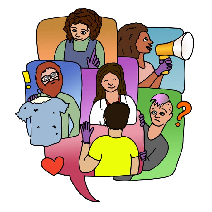 An illustration of several people in colourful panels, some of which look like speech bubbles. They all look like they might be conservators or other heritage professionals. Someone is asking about a moth infested garment and someone is giving advice; another person is enthusiastically using a megaphone; one new person is saying hi and someone else seems to have a question to ask. A lot is going on, just like they do in any community! (Artwork by Jenny Mathiasson 2023)
