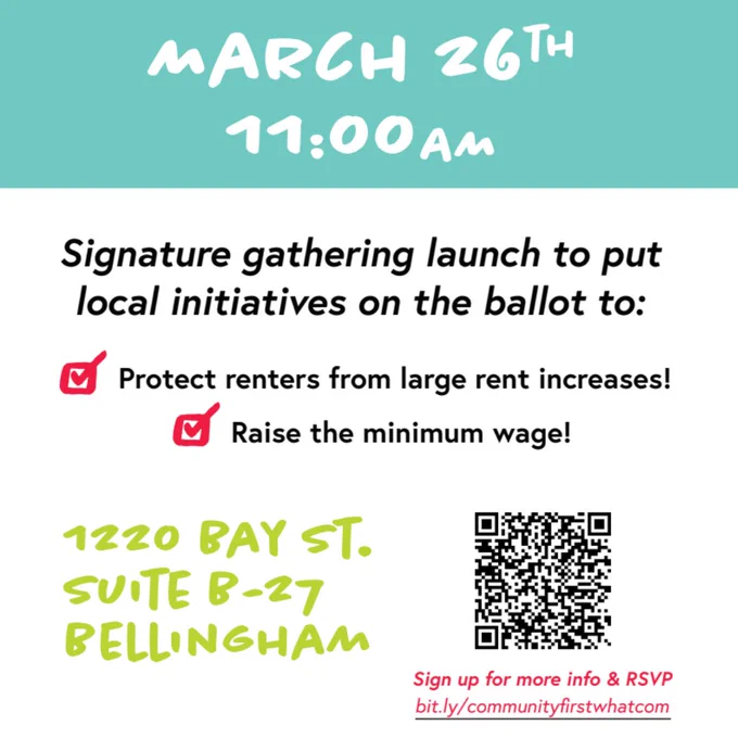 March 26th at 11 AM at 1220 Bay Street, Suite B-27. Signature Gathering Launch to put local initiatives to protect renters from large rent increases and raise the minimum wage!