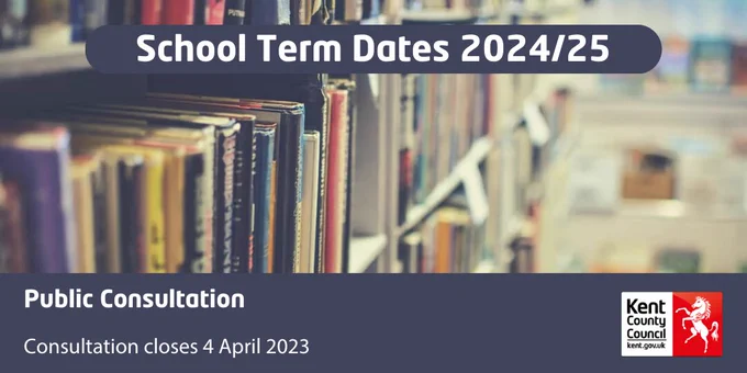 Image of books on a library shelf with the words Public Consultation, School Term Dates 2024/25. Consultation closes 4 April 2023.