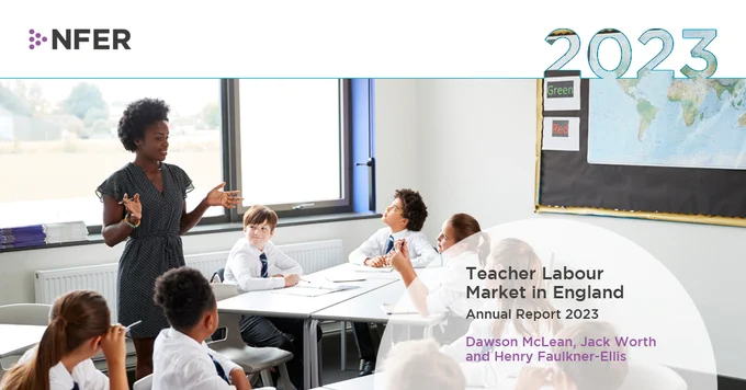 Teacher stood in front of a class of pupils. Today NFER has published it's fifth Teacher Labour Market Annual Report for England.