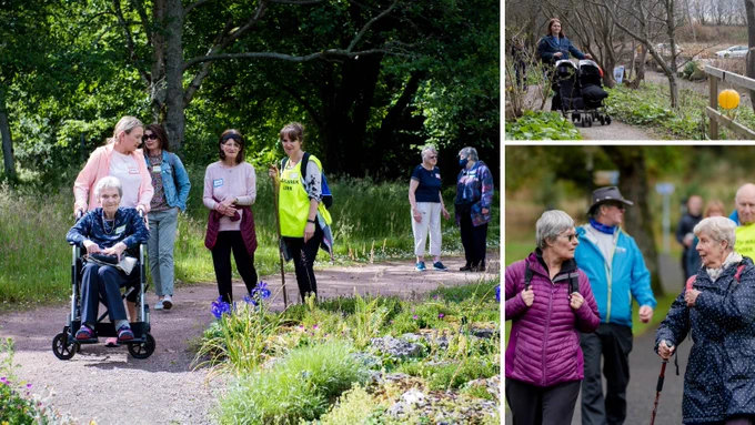 A montage of images showing groups of people walking, wheeling and pushing buggies as they enjoy a guided Health Walks along paths through nature spaces.