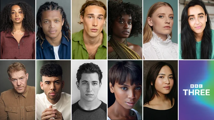 Cast of Domino Day. Top row L-R: Siena Kelly (Domino Day), Percelle Ascott (Leon), Sam Howard Sneyd (Silas), Babirye Bukilwa (Sammie), Poppy Lee Friar (Geri), Maimuna Memon (Verdita). Bottom row L-R: Kris Hitchen (Cal), Christopher Jeffers (Mike), Jonah Rzeskiewicz (Jason), Alisha Bailey (Kat), Molly Harris (Jules).