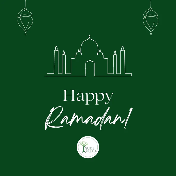 Dark green background, with a light drawing of a mosque and Ramadan decoration. Text> Happy Ramadan. Logo of Guide and Lead