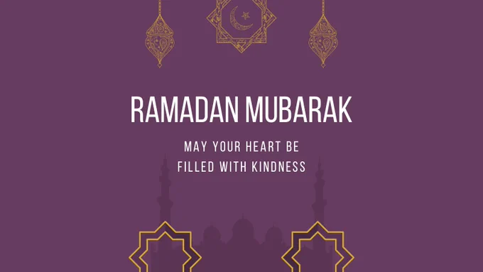 Ramadan Mubarak is written on a dark purple background with the words May your heart be filled with kindness