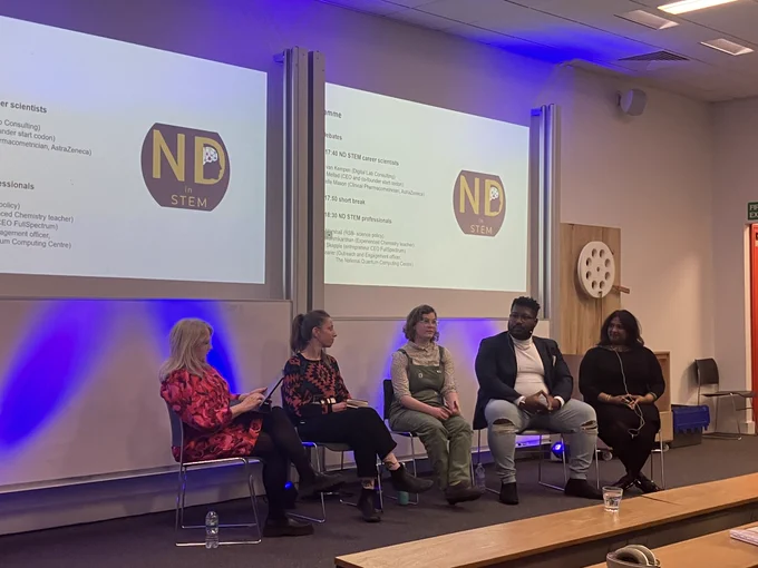 Professor Sara Rankin with panelists Dr Laura Marshall (science policy for the Royal Society of Biology), Kamini Lakshmikanthan (Experienced Chemistry teacher), Andre Skepple (entrepreneur and CEO of FullSpectrum) and Daisy Shearer (outreach and engagement officer, The National Quantum Computing Centre) 