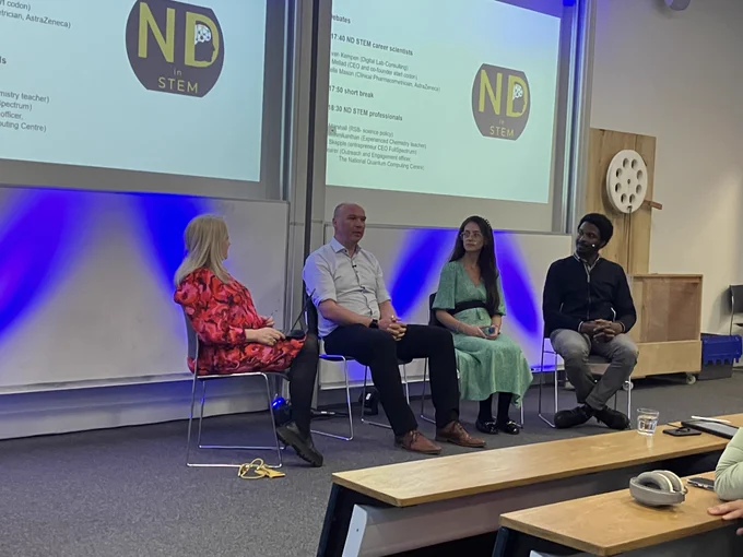 Professor Sara Rankin with panellists Joost van Kempen (Digital Lab Consulting), Dr Jason Mellad (CEO and co-founder of start codon) and Dr Chantelle Mason (Clinical Pharmacometrician, AstraZeneca)