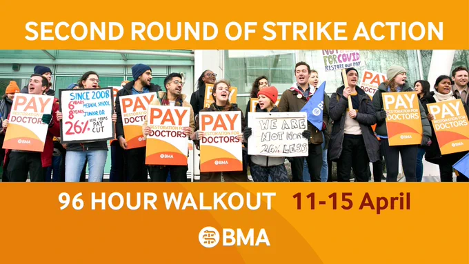 A photograph of junior doctors campaigning for pay restoration with placards and banners. The image caption says: Second round of strike action. 96 hour walkout. 11-15 April
