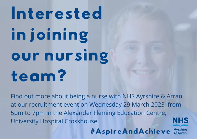 Interested in joing out nursing team? Drop in to the Education Centre, UHC on 29 march between 5pm and 7pm