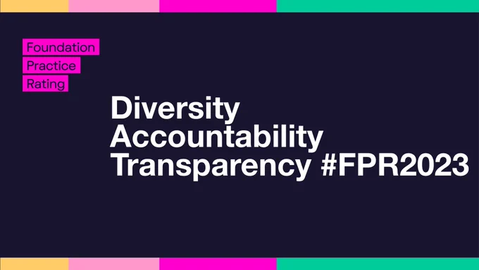 Foundation Practice Rating
Navy blue background with white text on top that reads
Diversity
Accountability
Transparency #FPR2023