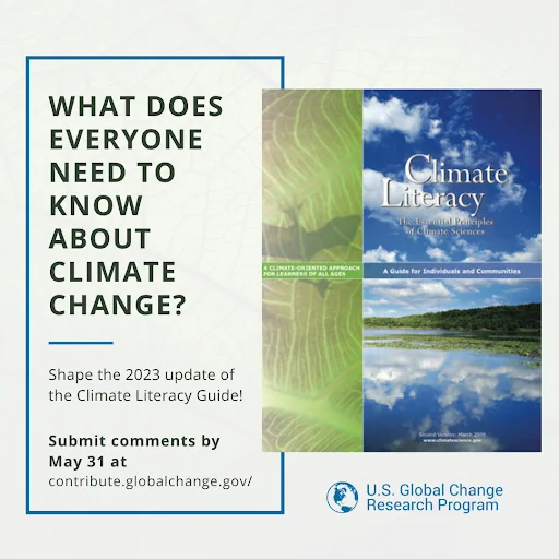 Text in a blue outlined box asks what does everyone need to know about climate change. Image next to box is cover of 2009 climate literacy guide. Cover has a picturesque photo of a still late reflecting the blue sky and clouds above it.