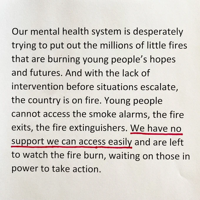 Our mental health system is desperately trying to put out the millions of little fires that are burning young people’s hopes and futures. And with the lack of intervention before situations escalate, the country is on fire. Young people cannot access the smoke alarms, the fire exits, the fire extinguishers. We have no support we can access easily and are left to watch the fire burn, waiting on those in power to take action.