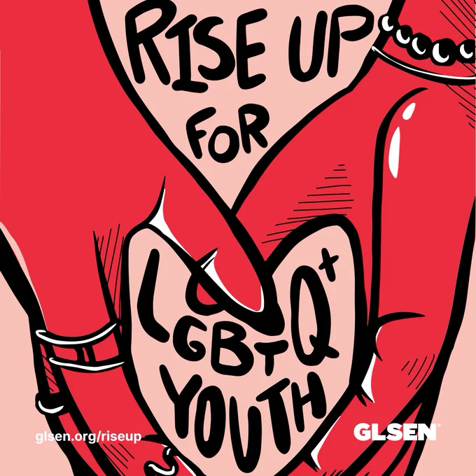 Two illustrated red hands coming together to form a heart shape wit the the words "Rise Up for LGBTQ  Youth". 