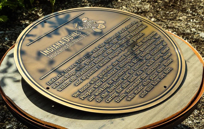 Photo of marker identifying the Indiana Dunes Indigenous Cultural Trail