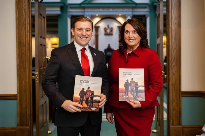 Premier and Minister Coady hold Budget 2023 outside the House of Assembly. 