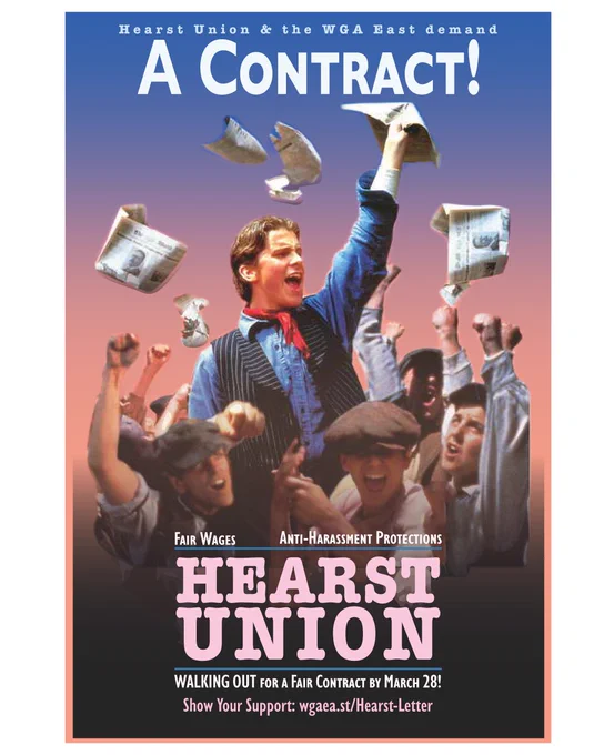 A poster of newsies holding up newspapers and shouting.