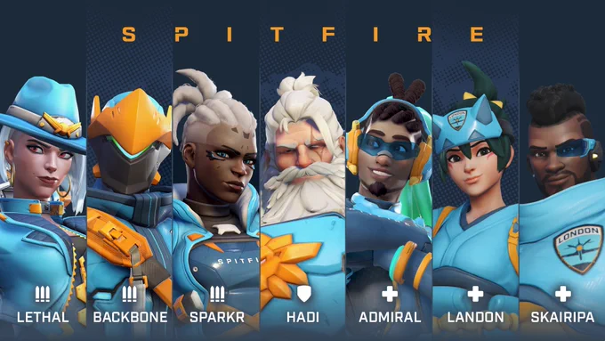 Graphic of the full roster with Ashe representing Lethal, Genji representing Backone, Sojourn representing SparkR, Reinhardt representing Hadi, Lucio representing Admiral, Kiriko representing Landon, and Baptiste representing Skairipa. 