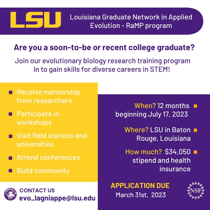 Are you a soon-to-be or recent college graduate considering a STEM career? Are you interest in evolutionary biology? 

Do not miss the opportunity to apply to the LAGNiAppE training program! visit our website: 

https://lsu.edu/science/biosci/programs/postbacc-research/index.php

Application are still open - one week left! 🚨