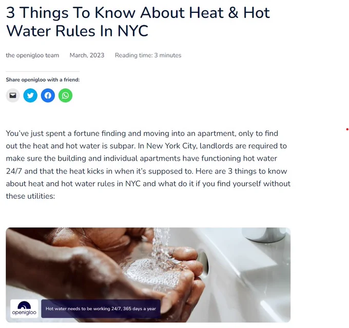 Screenshot of an article entitled "3 things to know about heat & hot water rules in NYC"