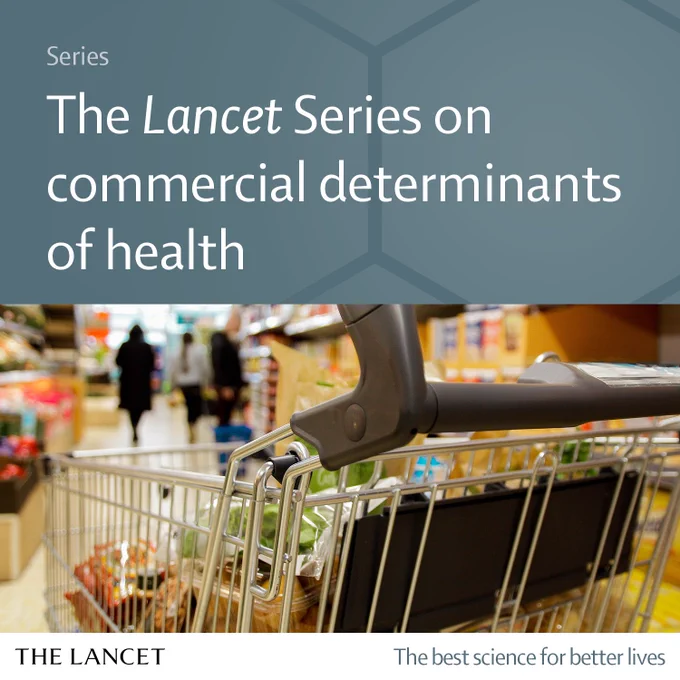 Alt text: Headline card for the Lancet Series on commercial determinants of health. The image shows a shopping trolley in a supermarket aisle. Image credit: Kinga Krzeminska via Getty Images.