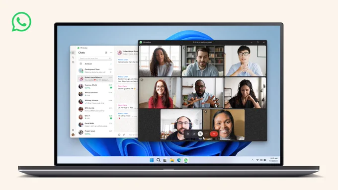 PC display showing a WhatsApp for Windows video call with 8 people. 