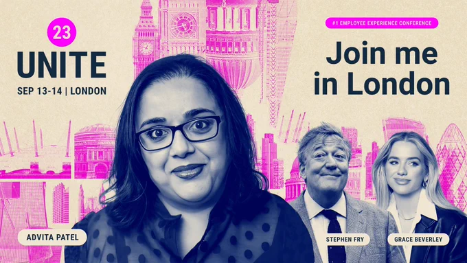 I’m at the front wearing a black dotted dress. Behind my image there’s a photo of Stephen Fry and Grace Beverley. In the left hand side it reads Unite, sep 13-14 | London