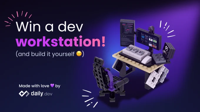mini daily.dev workstation on the right, "Win a workstation (and build it yourself)" - Made with love 💜 by daily.dev