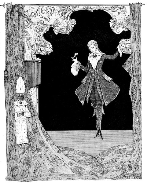 A monochrome illustration for 'The Fairy Tales of Charles Perrault' by Harry Clarke (1922), public domain via Wikimedia Commons. The illustration shows an androgynous long haired prince holding a tiny glass slipper. 