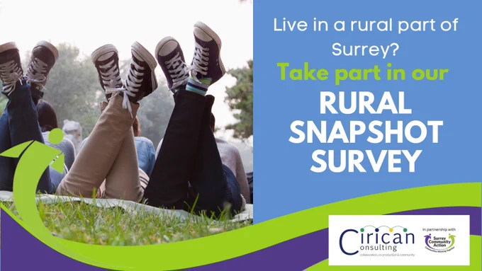 Image shows a photo of people lying on the grass. Only their legs, which are crossed and raised in the air, are visible. They are all wearing jeans and Converse style shoes. In the background are some trees.  The wording reads: Live in a rural part of Surrey? Take part in our Rural Snapshot Survey.