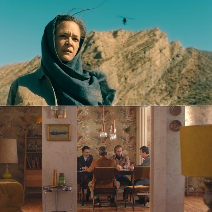 Collage that shows a woman standing in front of a mountain with a helicopter flying above and a group of men sitting around a table 