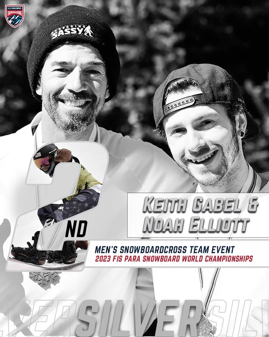 Keith Gabel and Noah Elliott pictured in silver medal graphic for the men's snowboardcross team event. 