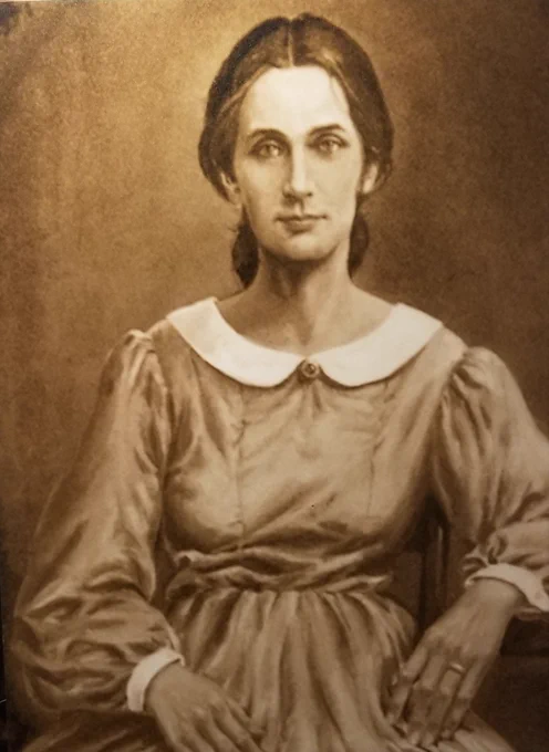Drawing of what Nancy Hanks may have looked like. She is facing the camera and wearing a long dress with a high collar. 