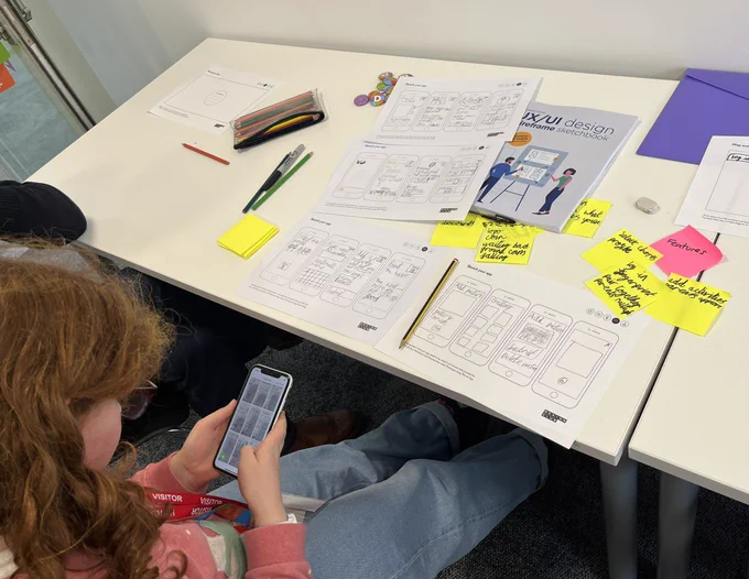 Designer working through a design club activity. Brainstorming, ideating and prototyping.