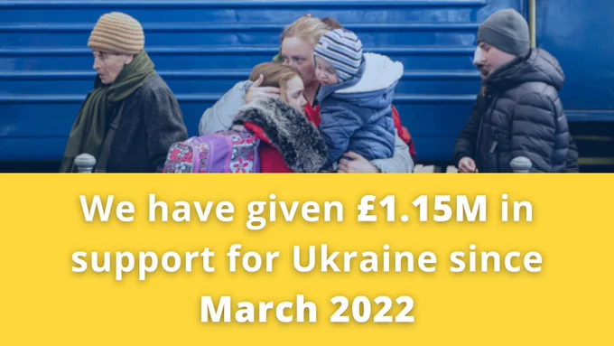 Ukraine flag image with a photo of a Ukrainian family with text that reads, 'We have given £1.15M in support for Ukraine since March 2022'