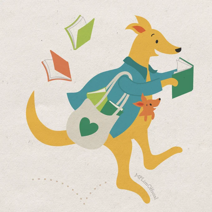Kangaroo and joey reading while hopping recklessly with an overflowing book bag. Illustration by M.P. Lim. Please do not use without permission.