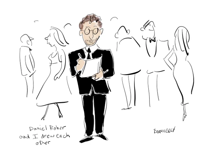 An illustration of the director Daniel Roher drawing on a piece of paper, standing on the red carpet.
