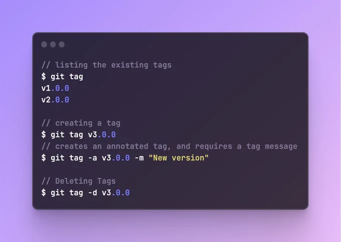 $ git tag
$ git tag v3.0.0
$ git tag -a v3.0.0 -m "New version"
$ git tag -d v3.0.0