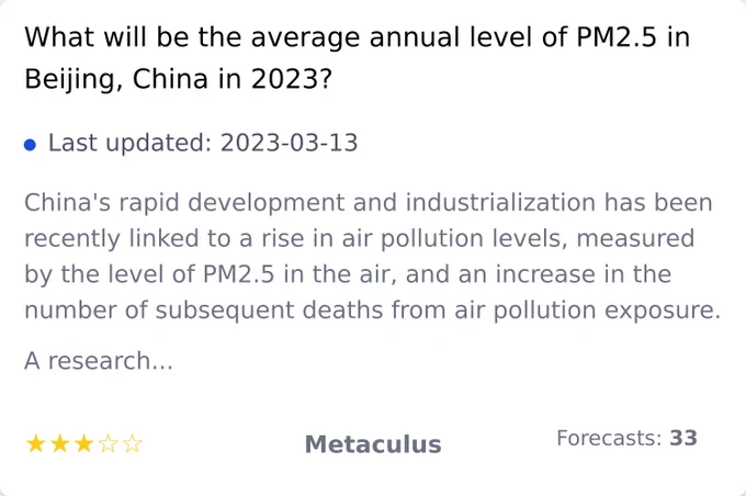 What will be the average annual level of PM2.5 in Beijing, China in 2023?, https://www.metaculus.com/questions/9971/pm25-levels-in-beijing-china-in-2023/