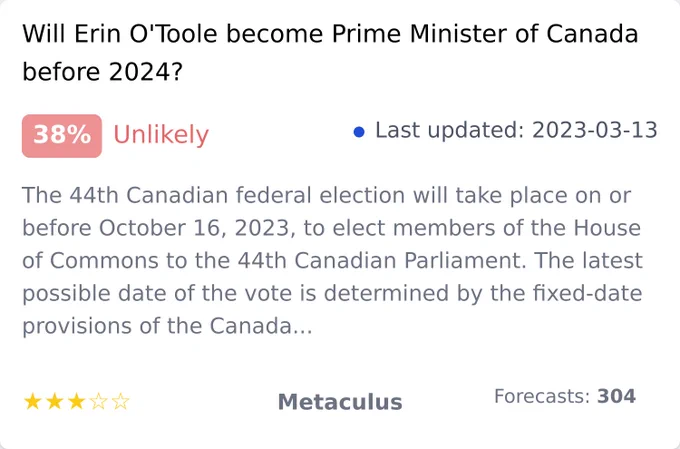 Will Erin O'Toole become Prime Minister of Canada before 2024?, https://www.metaculus.com/questions/5462/erin-otoole-to-be-pm-of-canada-before-2024/