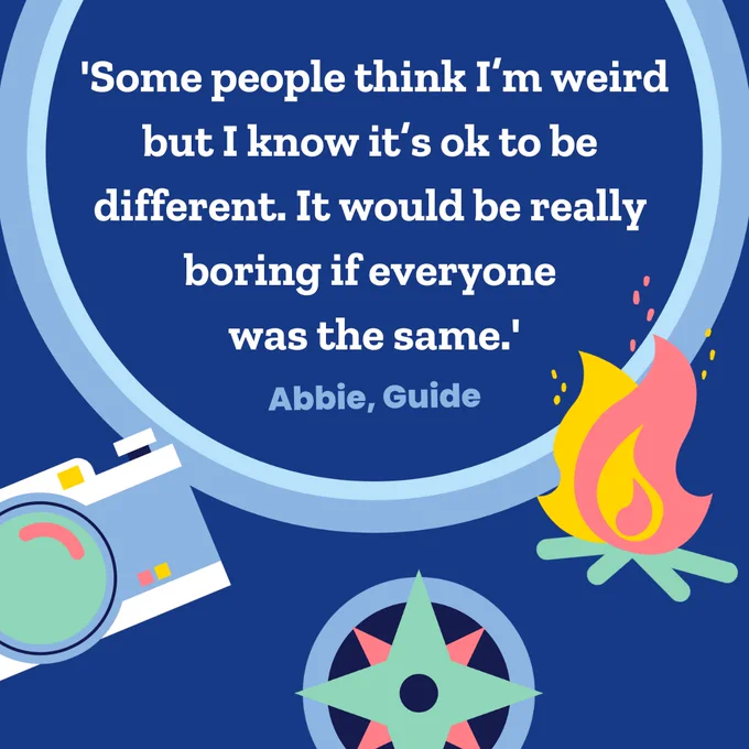 A dark blue background with light blue circle. Inside the circle, text reads 'Some people think I'm weird but I know it's ok to be different. It would be really boring if everyone was the same. Abbie, Guide'. Around the circle are illustrations of a camera, a compass and a campfire. 