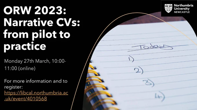 Text says:
ORW 2023: Narrative CVs: from pilot to practice. Monday 27th March, 10:00 - 11:00 (online)
For more information and to register, visit the url (linked in the Tweet)

There is a picture of a lined notepad with "today" written on. 
