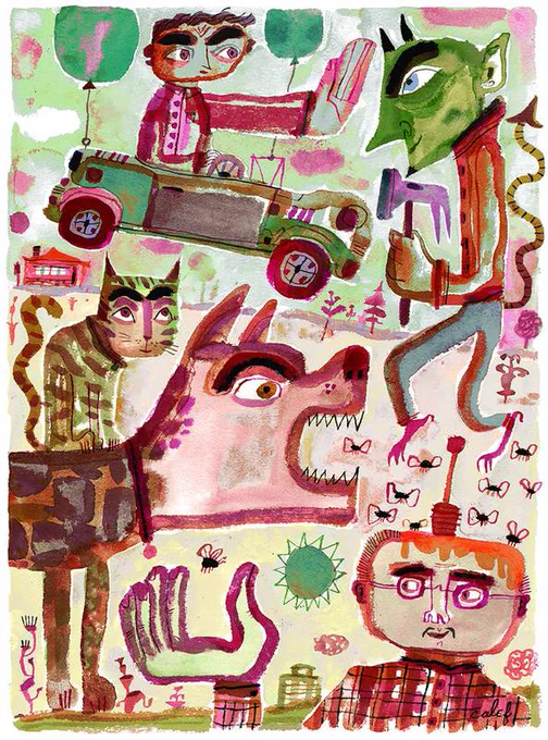 These Are The Times That Try Men's...Hair. December 2022. One of two illustrations commissioned to accompany a piece by Ron Hauge where he uses the predictive text function of text messaging to complete well known aphorisms and sayings. An example: Whatever floats your… car.
