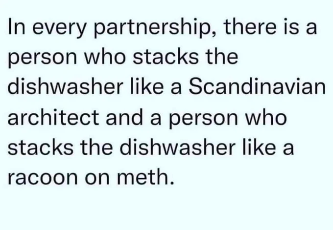 In every partnership, there is a persons who stacks the dishwasher like a Scandinavian architect and person who stacks the dishwasher like a raccoon in need.